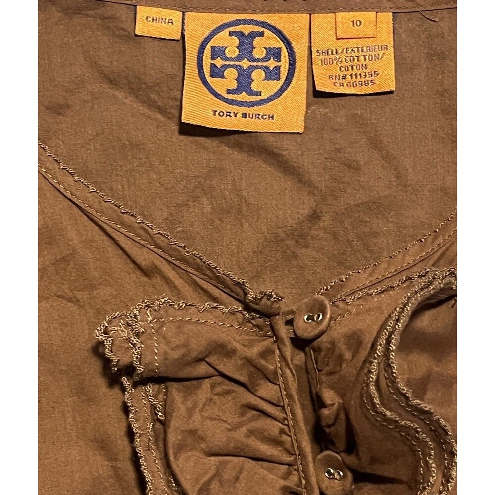 Tory Burch Tunic Top Size 10 Brown Yellow Embellished Ruffle Silk Boho V-Neck - Picture 3 of 7